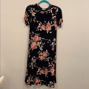 navy blue floral long short sleeve dress